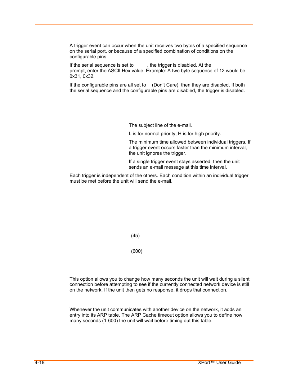 Trigger setup, Expert settings, Tcp keepalive time in seconds | Arp cache timeout in seconds, Trigger setup -18, Expert settings -18, Tcp keepalive time in seconds -18, Arp cache timeout in seconds -18 | Lantronix XPort User Manual | Page 42 / 87