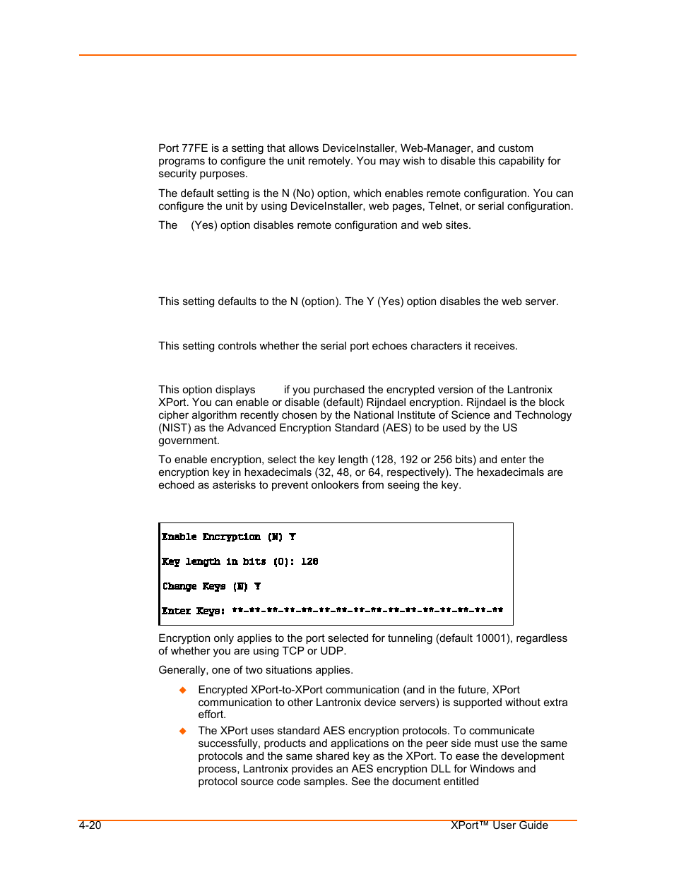 Disable port 77fe (hex), Disable web server, Disable echo ports | Enable encryption, Disable port 77fe (hex) -20, Disable web server -20, Disable echo ports -20, Enable encryption -20 | Lantronix XPort User Manual | Page 44 / 87