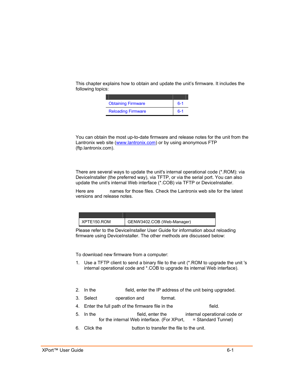 Updating firmware, Obtaining firmware, Reloading firmware | Using tftp, Updating firmware 6-1, Obtaining firmware -1, Reloading firmware -1, Using tftp -1 | Lantronix XPort User Manual | Page 55 / 87