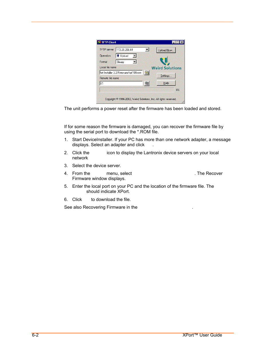 Recovering the firmware using the serial port, Recovering the firmware using the serial port -2 | Lantronix XPort User Manual | Page 56 / 87