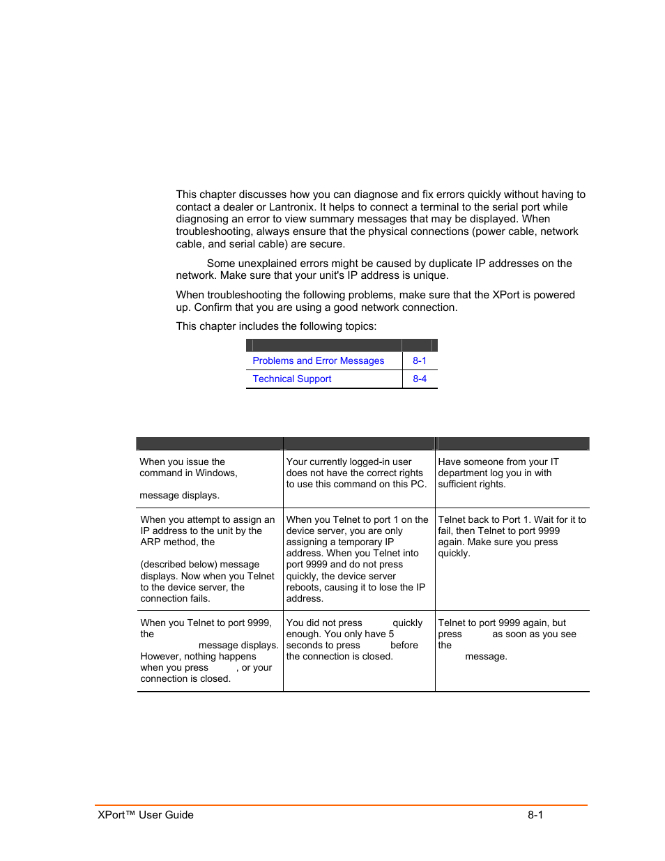 Troubleshooting, Problems and error messages, Troubleshooting 8-1 | Problems and error messages -1 | Lantronix XPort User Manual | Page 59 / 87