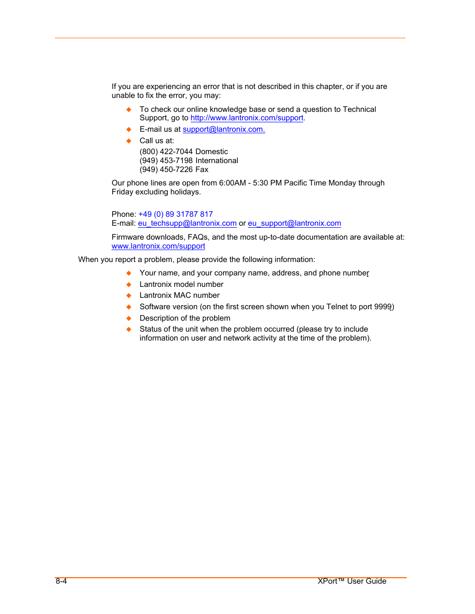 Technical support, Technical support -4 | Lantronix XPort User Manual | Page 62 / 87