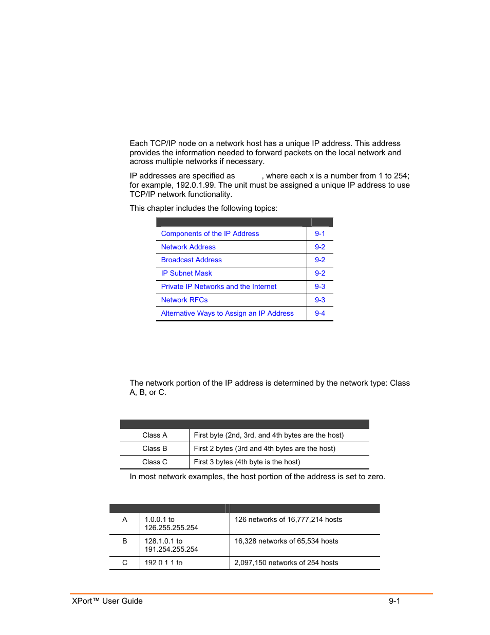 Ip addresses, Components of the ip address, Network portion | Ip addresses 9-1, Components of the ip address -1, Network portion -1, Thods, see 9, If y | Lantronix XPort User Manual | Page 63 / 87