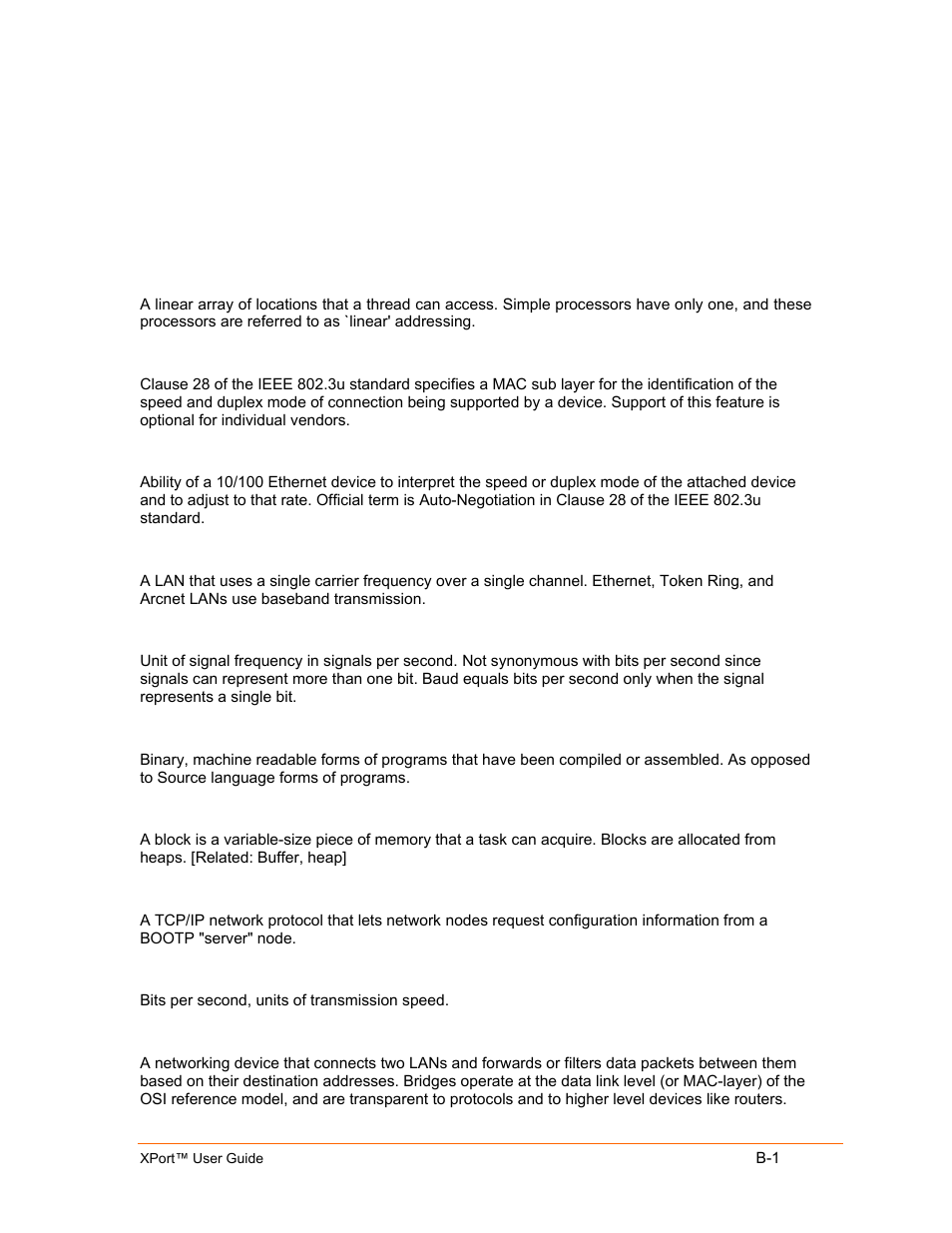 Networking terms, B: networking terms b-1, B: networking terms | Lantronix XPort User Manual | Page 81 / 87