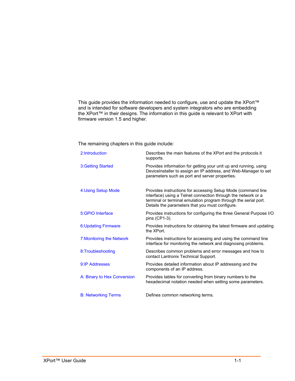 Using this guide, Purpose and audience, Chapter summary | Using this guide 1-1, Purpose and audience -1, Chapter summary -1 | Lantronix XPort User Manual | Page 9 / 87