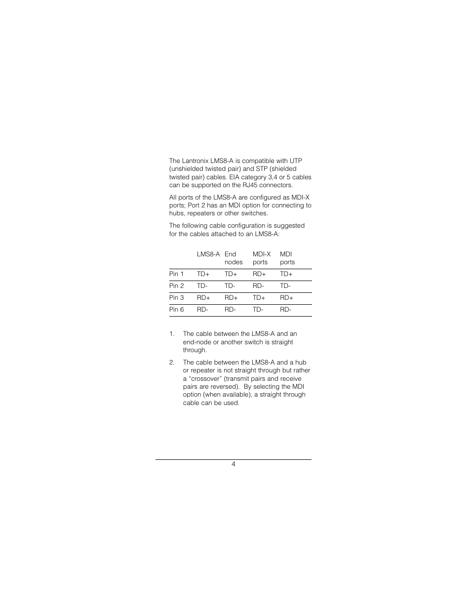 Cable requirements | Lantronix LMS8-A User Manual | Page 4 / 7