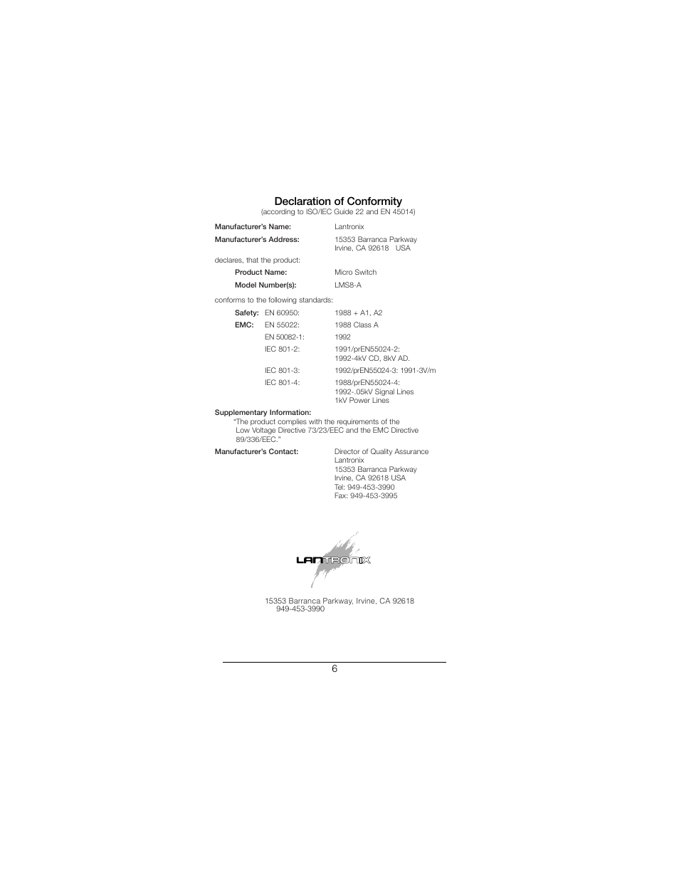 Declaration of conformity | Lantronix LMS8-A User Manual | Page 6 / 7