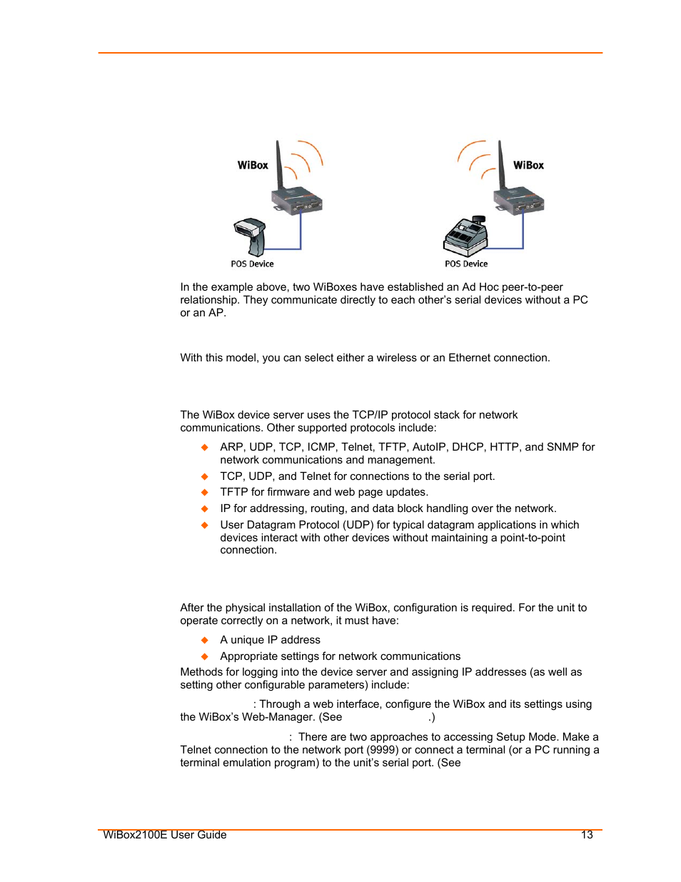 Protocol support, Configuration methods, Ad hoc wibox connection | Wibox with ethernet, Figure 2-4. direct wibox to wibox connection | Lantronix Ethernet User Manual | Page 13 / 92