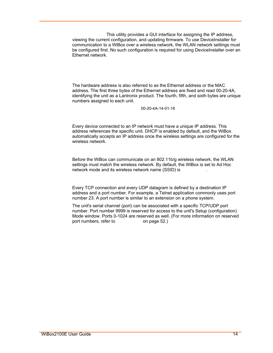 Addresses and port numbers, Hardware address, Ip address | Wlan settings, Port numbers | Lantronix Ethernet User Manual | Page 14 / 92