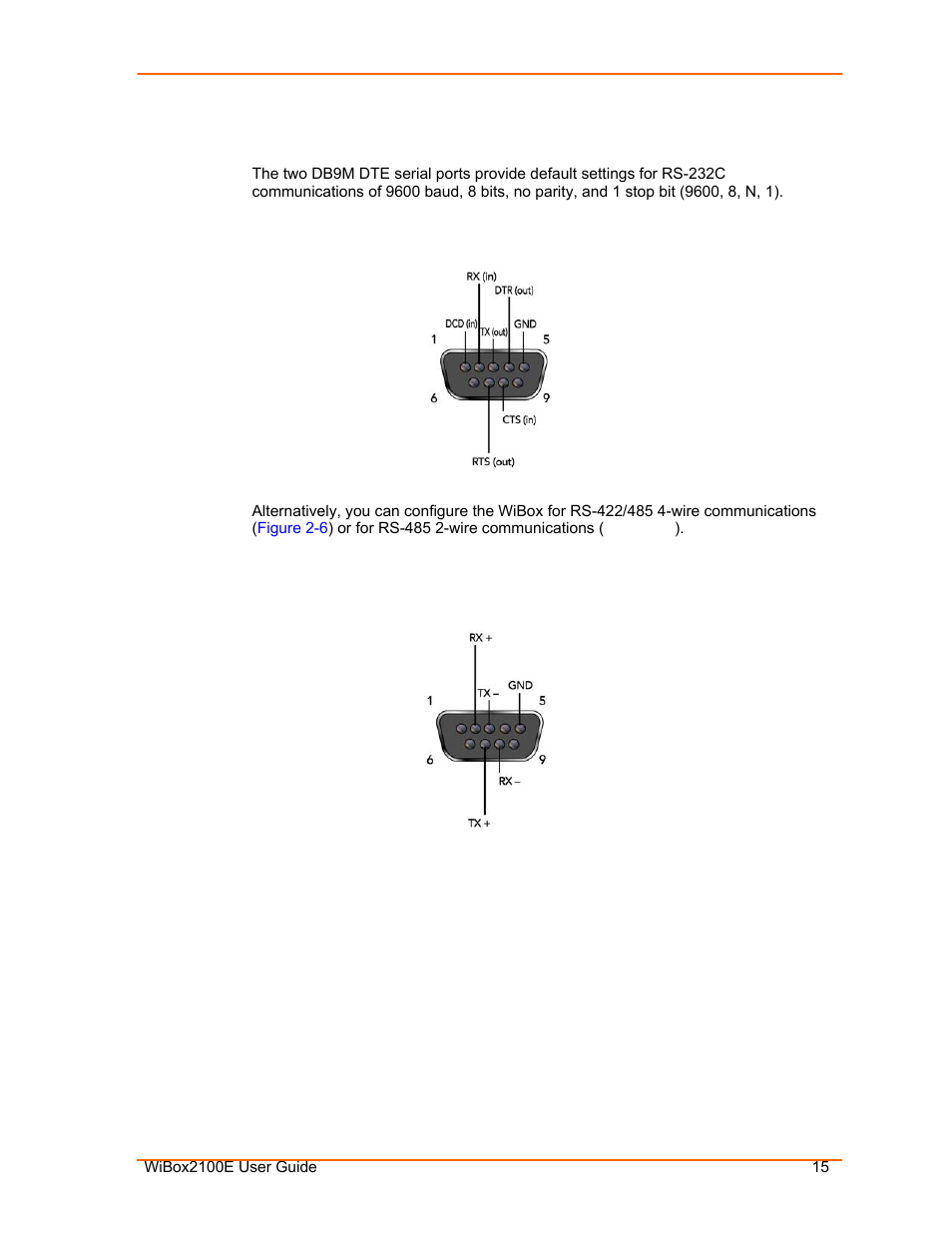 Serial connector pinouts, Figure 2-5. db9m dte serial connector, Figure 2-6. rs-422/485 4-wire pinouts | Lantronix Ethernet User Manual | Page 15 / 92