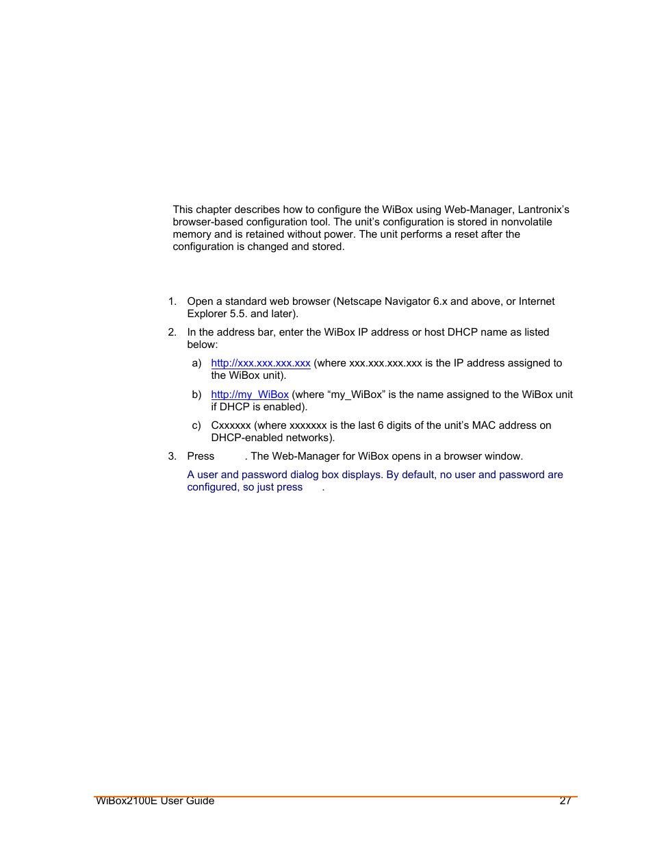 Web-manager configuration, Accessing web-manager through a web browser, Web-manager | Lantronix Ethernet User Manual | Page 27 / 92