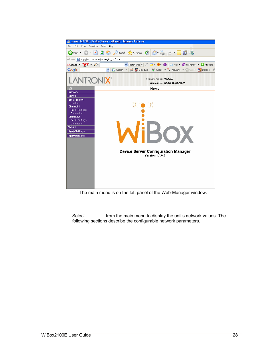 Network configuration, Figure 4-1. web-manager | Lantronix Ethernet User Manual | Page 28 / 92