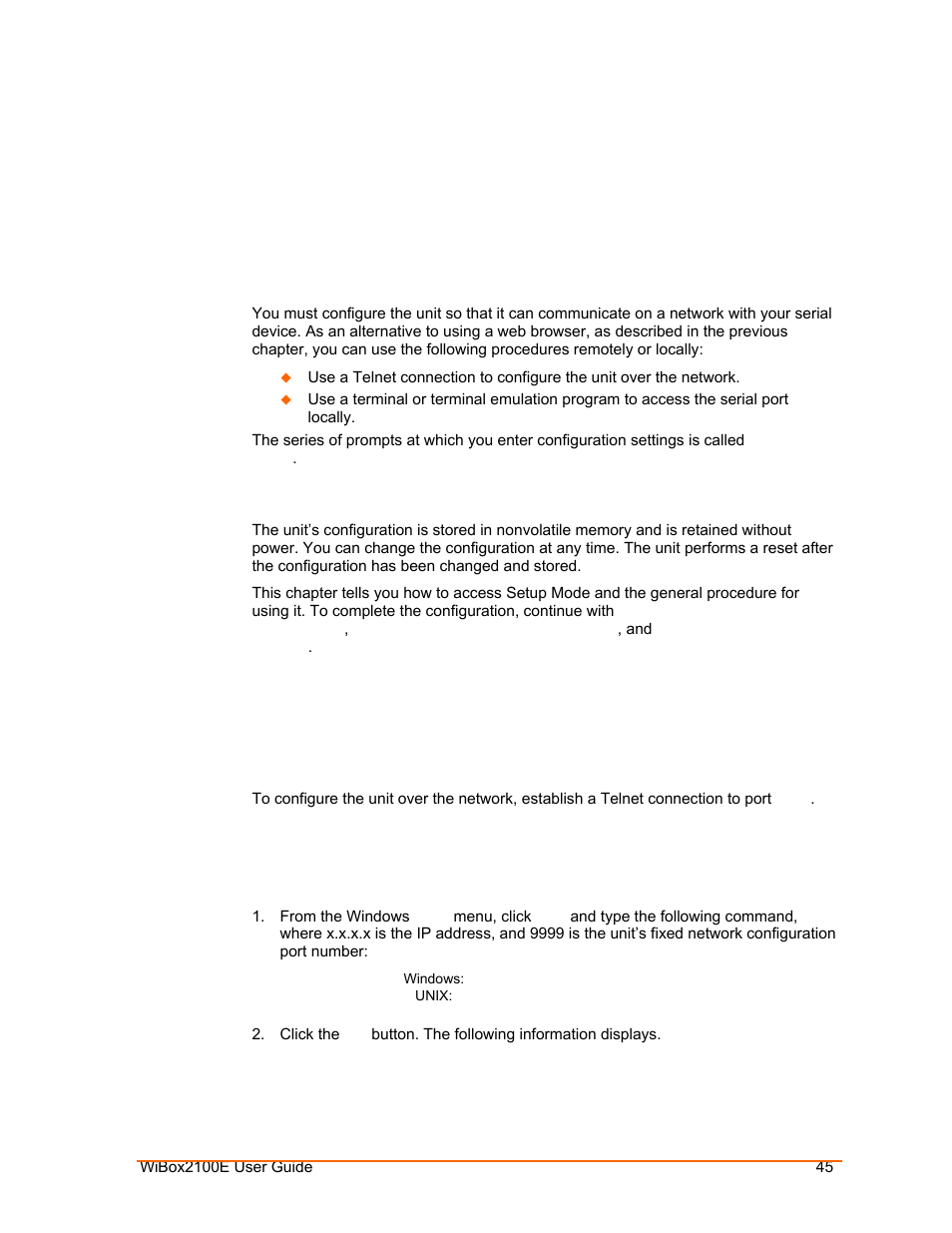 Telnet or serial port (setup mode) configuration, Accessing setup mode, Telnet connection | Telnet or serial port, Setup mode) configuration, Telnet or, Serial port (setup mode) configuration | Lantronix Ethernet User Manual | Page 45 / 92