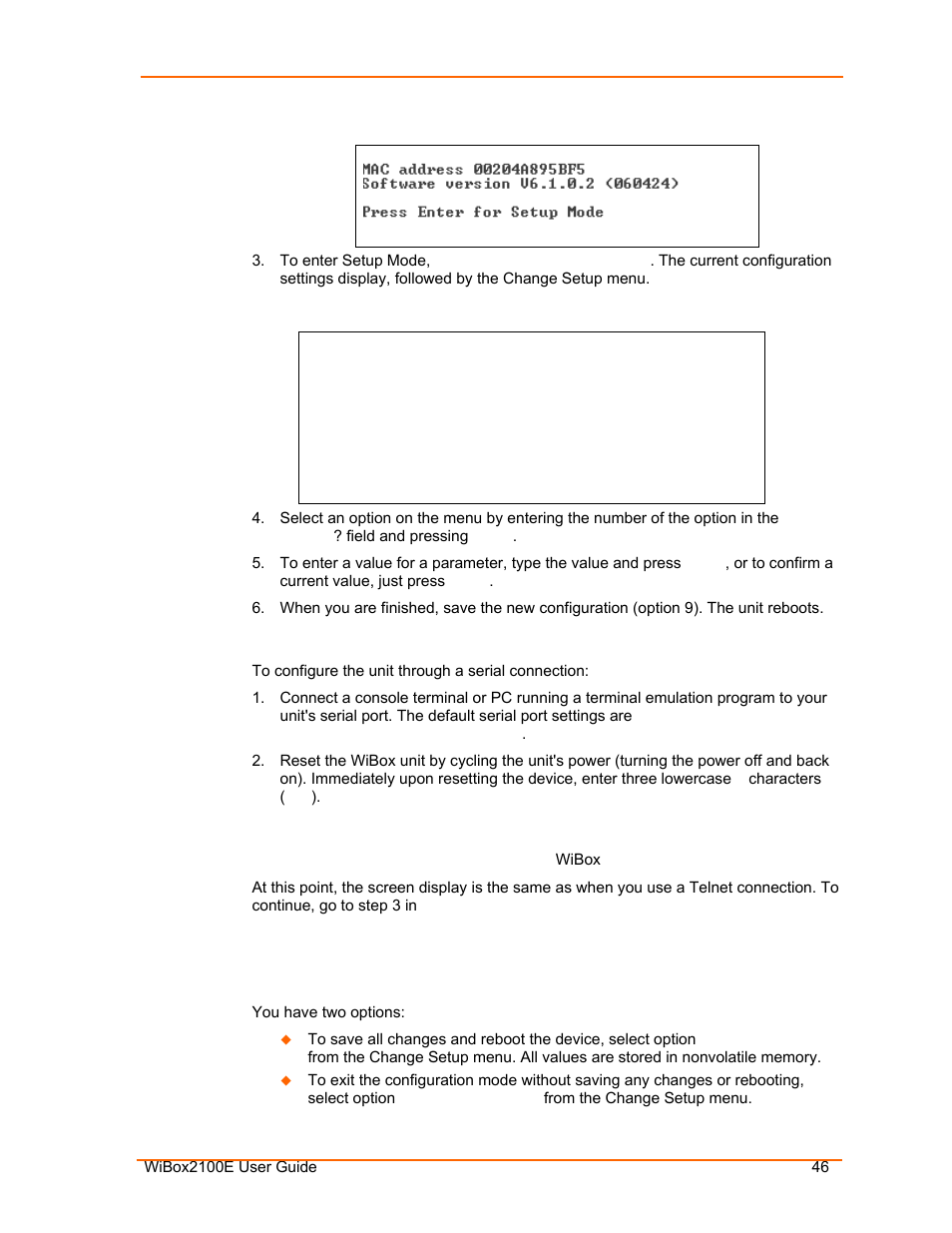 Exiting setup mode, Serial port connection, Figure 5-1. mac address | Figure 5-2. setup menu options | Lantronix Ethernet User Manual | Page 46 / 92
