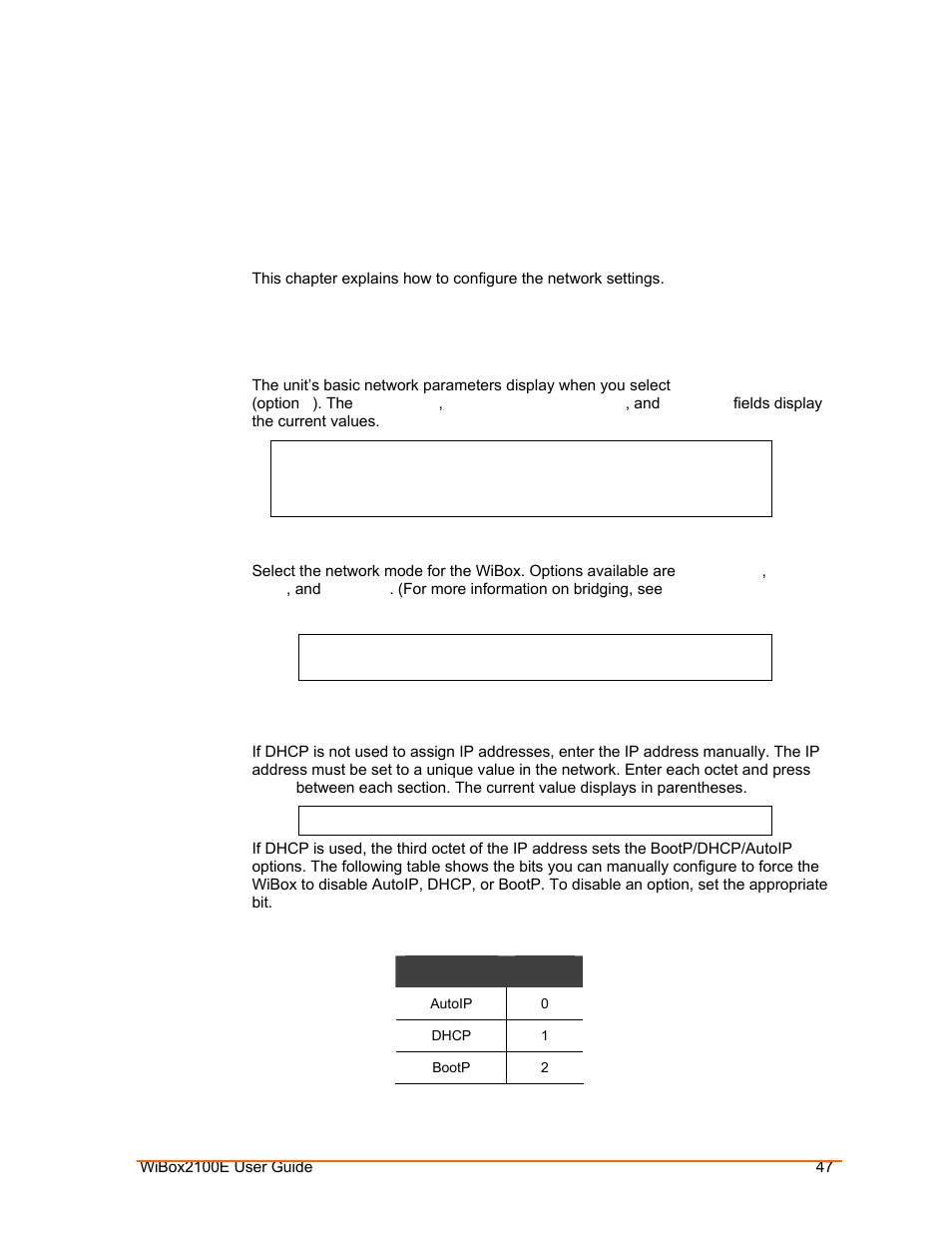 Setup mode: server configuration, Server configuration (option 0), Ip address | Network mode, Table 6-1. bootp/dhcp/autoip options, Setup mode: server, Configuration | Lantronix Ethernet User Manual | Page 47 / 92
