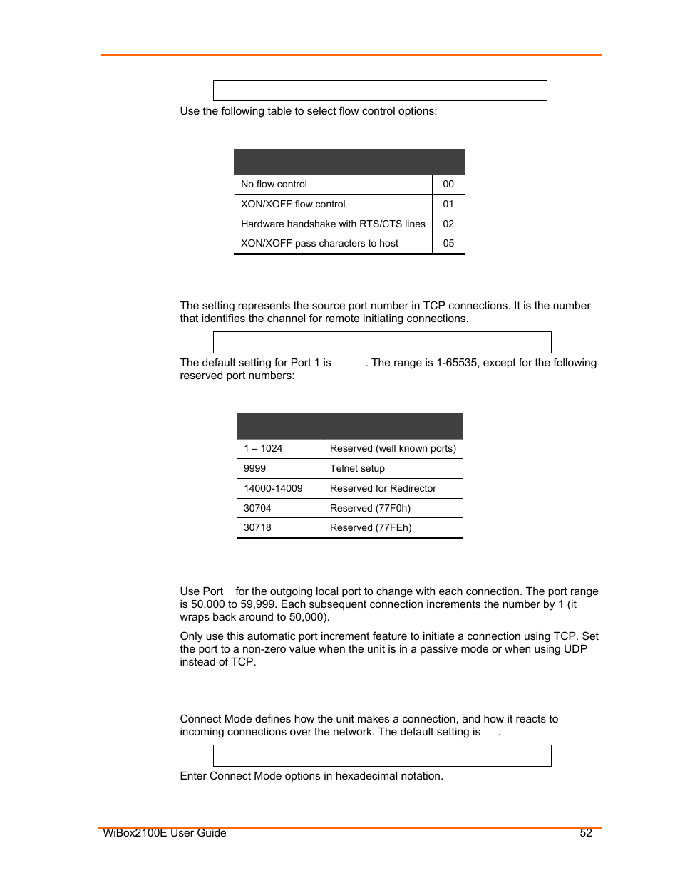 Port number, Connect mode, Table 7-3. flow control options | Table 7-4. reserved port numbers, Bers, refer to, Age 52.) | Lantronix Ethernet User Manual | Page 52 / 92