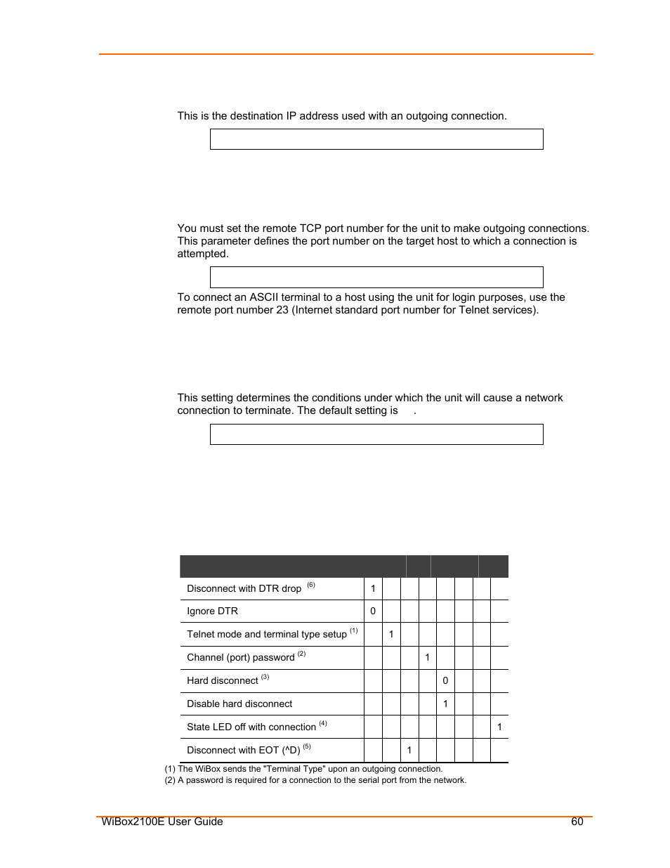 Remote ip address, Remote port, Disconnmode | Table 7-7. disconnect mode options | Lantronix Ethernet User Manual | Page 60 / 92