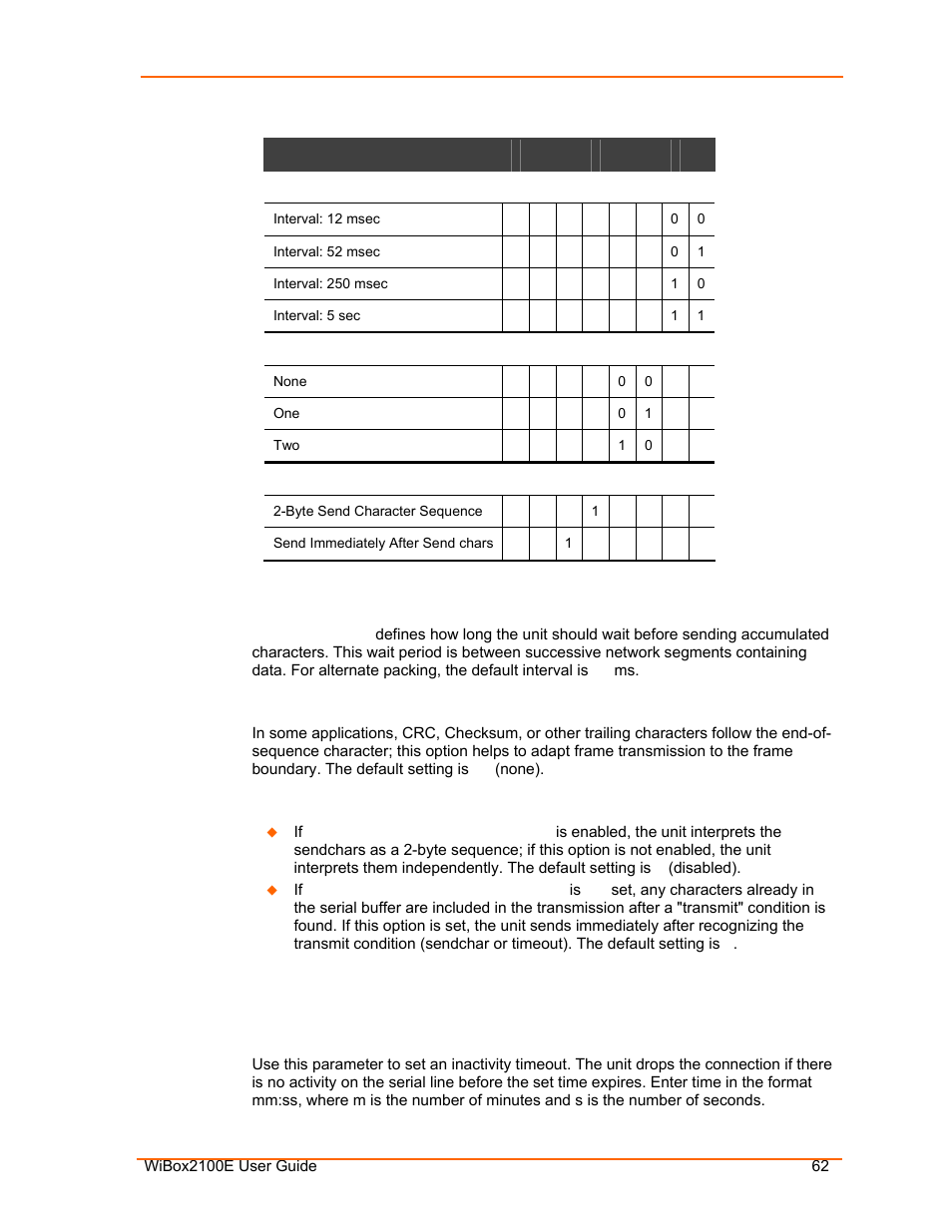Disconntime (inactivity timeout), Packing interval, Trailing characters | Send characters, Table 7-9. pack control options | Lantronix Ethernet User Manual | Page 62 / 92