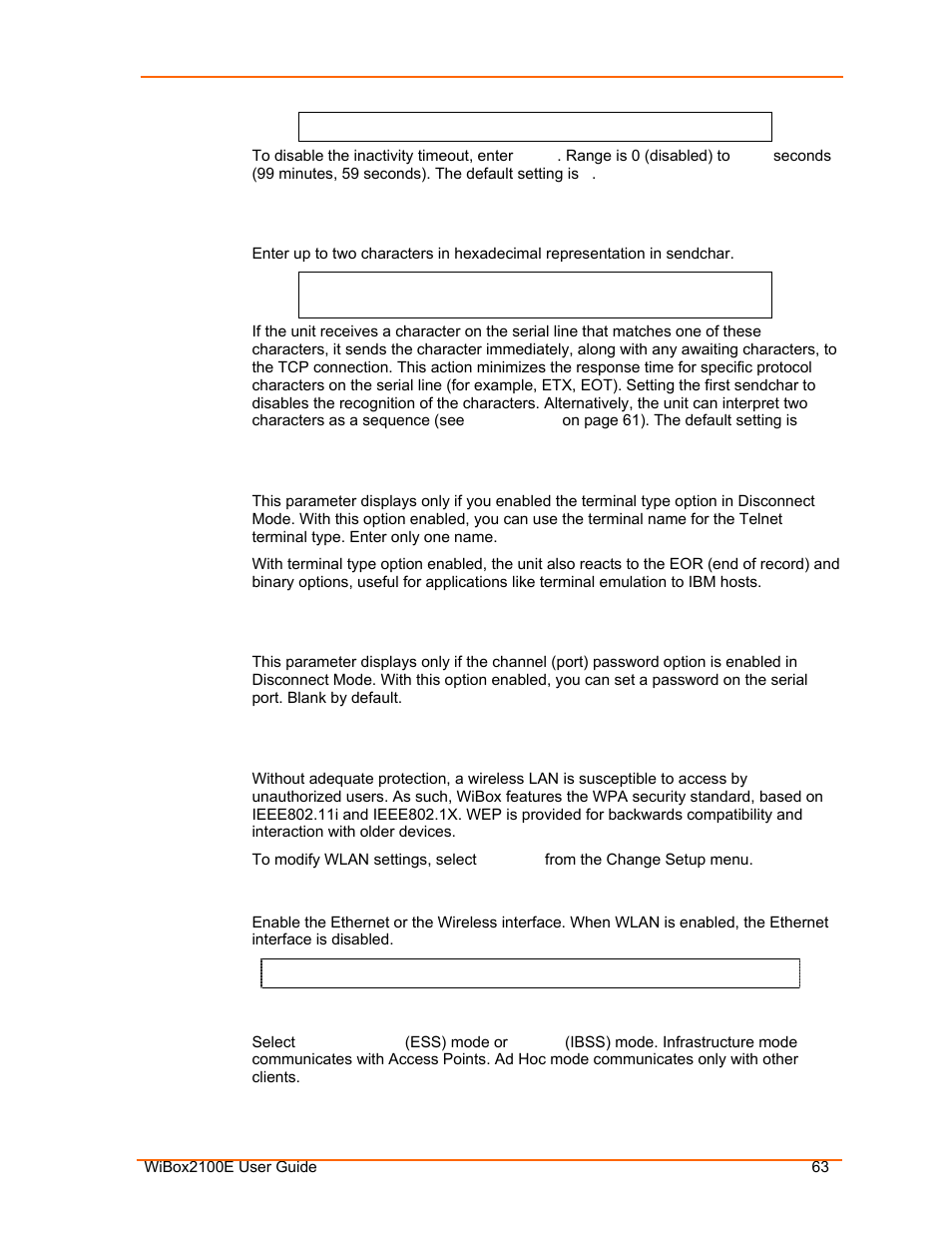 Send characters, Telnet terminal type, Channel (port) password | Wlan settings, Enable wlan, Topology | Lantronix Ethernet User Manual | Page 63 / 92