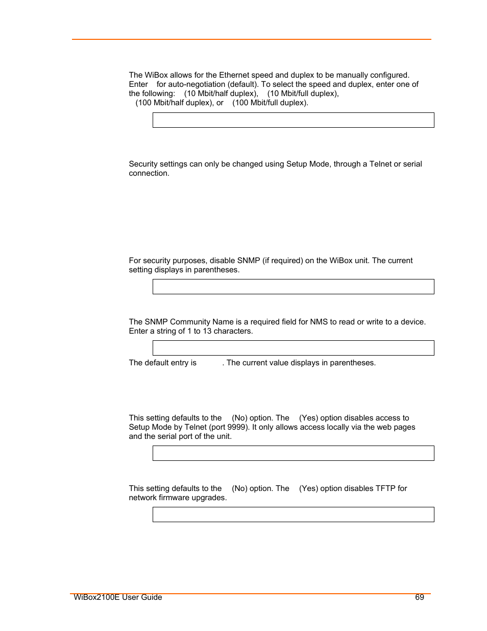 Security settings, Ethernet connection type, Disable snmp | Snmp community name, Disable telnet setup, Disable tftp firmware upgrade | Lantronix Ethernet User Manual | Page 69 / 92