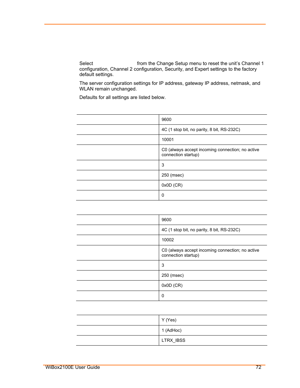 Default settings, Channel 1 configuration, Channel 2 configuration | Wlan settings | Lantronix Ethernet User Manual | Page 72 / 92