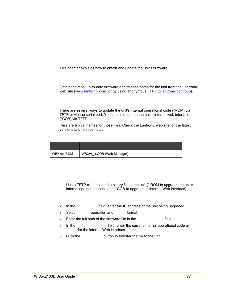 Updating firmware, Obtaining firmware, Reloading firmware | Using tftp: graphical user interface, Table 10-1. firmware files | Lantronix Ethernet User Manual | Page 77 / 92