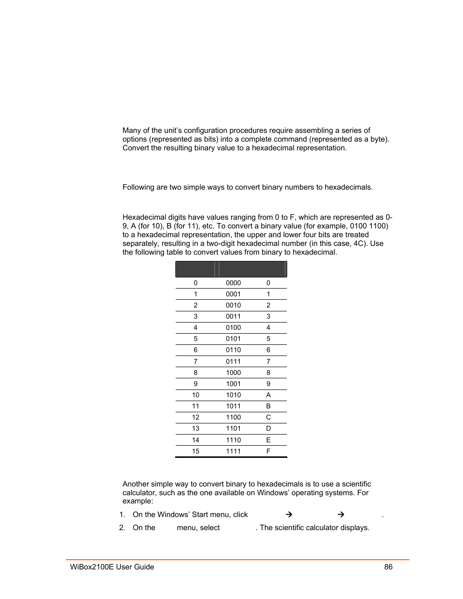 Binary to hexadecimal conversions, Converting binary to hexadecimal, Conversion table | Scientific calculator, A: binary to hexadecimal conversions | Lantronix Ethernet User Manual | Page 86 / 92