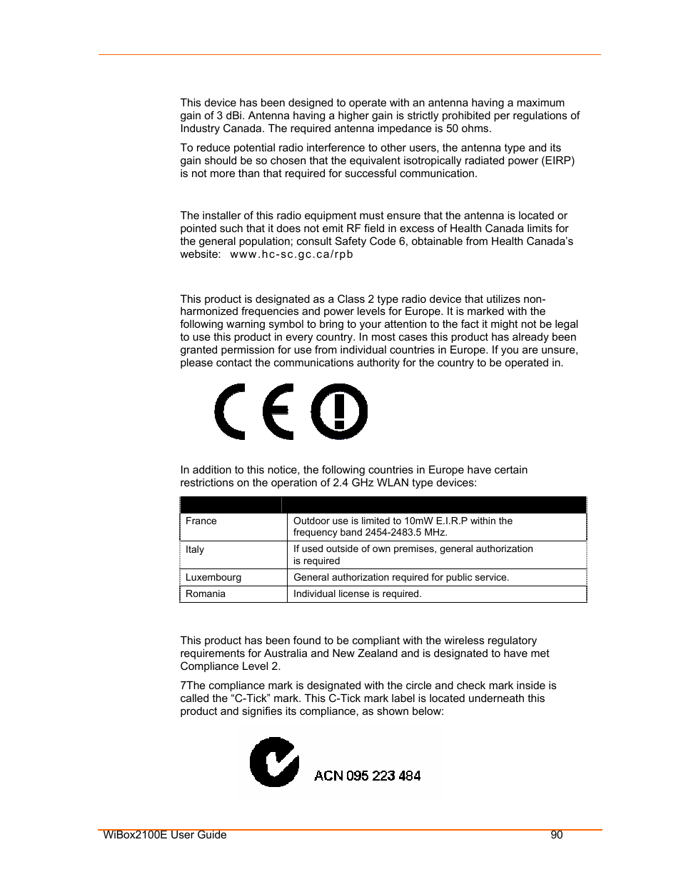 Europe – r&tte directive 99/5/ec, wireless notice, Australia & new zealand – wireless notice | Lantronix Ethernet User Manual | Page 90 / 92