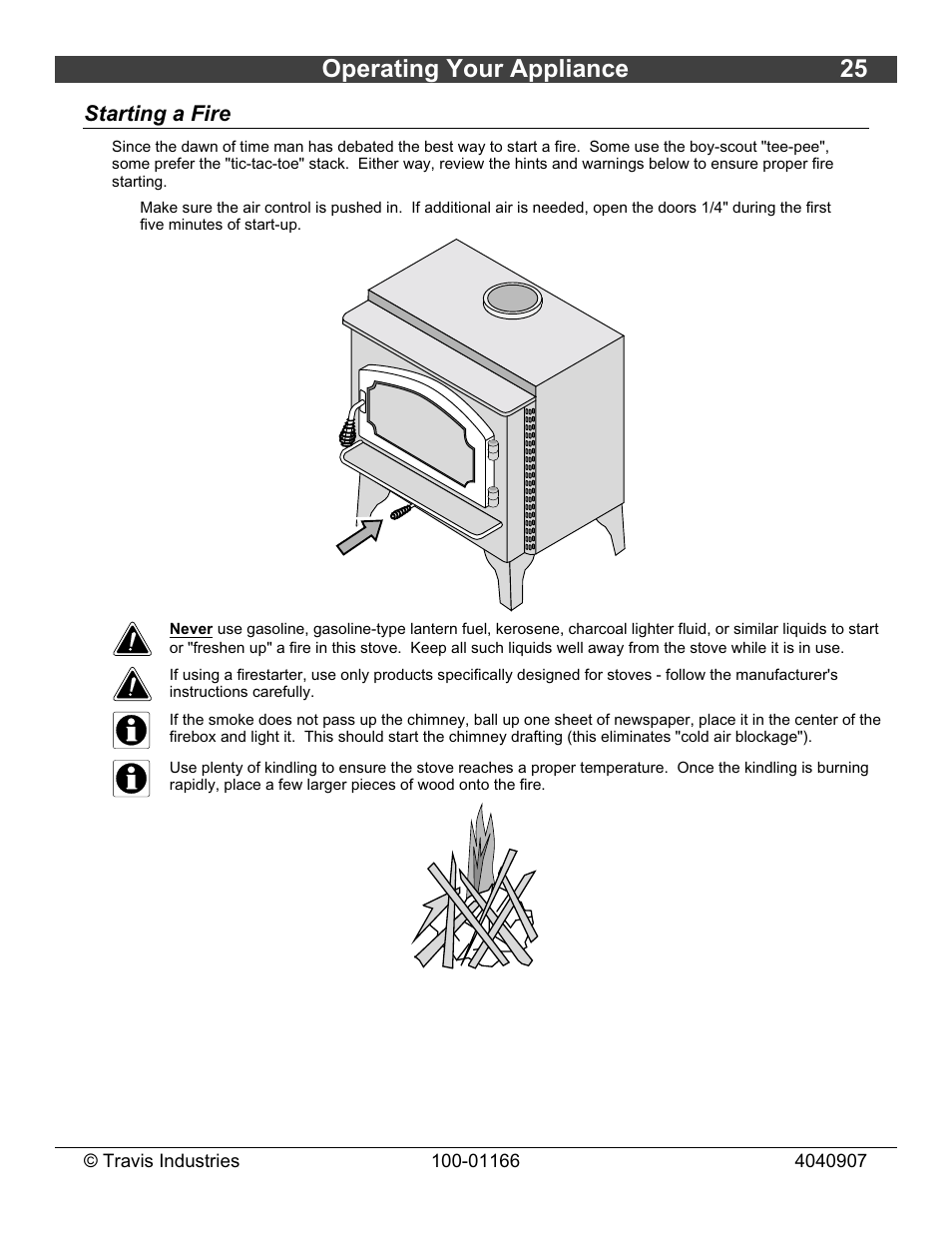 Operating your appliance 25, Starting a fire | Lopi Answer Wood Stove User Manual | Page 25 / 48