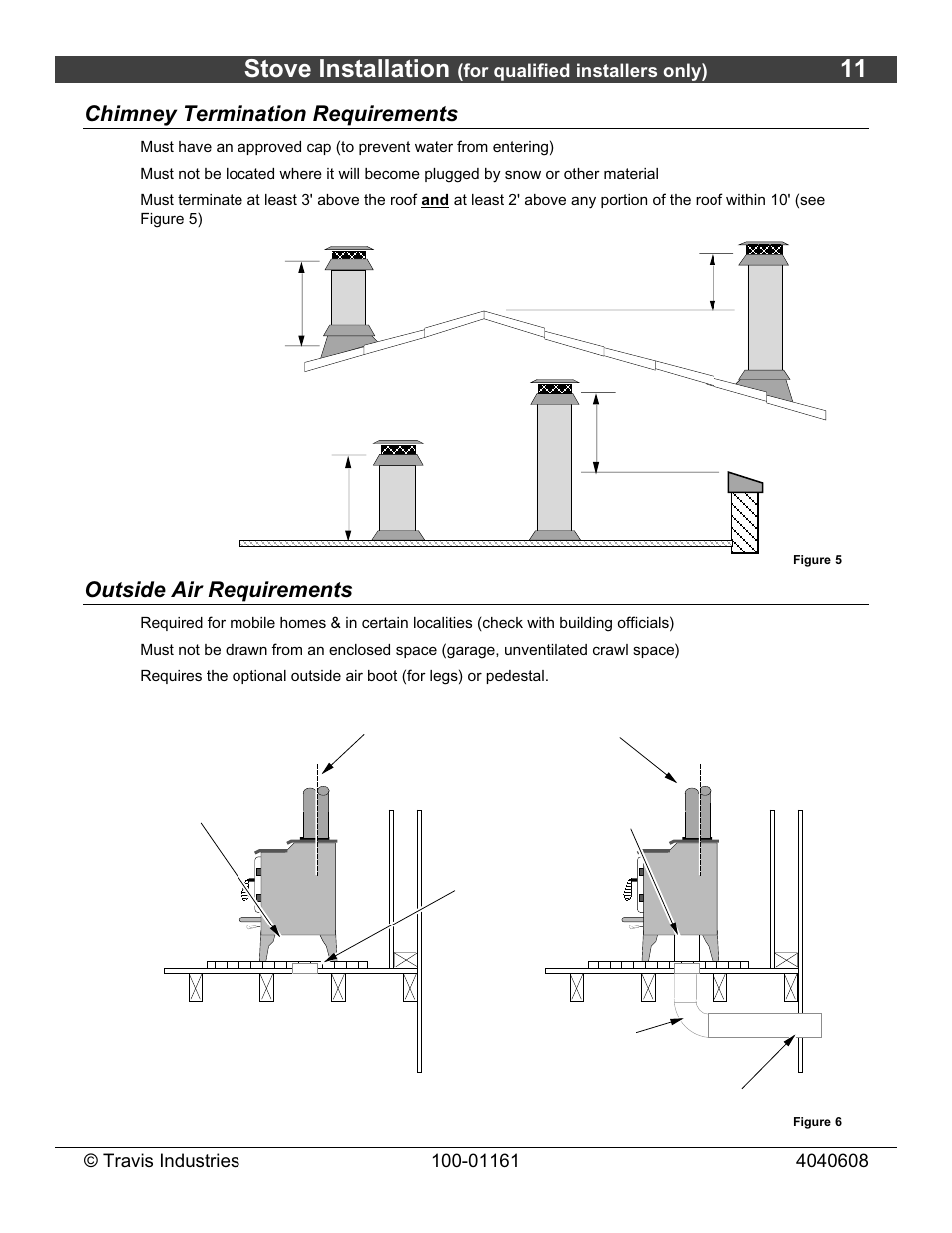 Stove installation, Chimney termination requirements, Outside air requirements | Lopi Endeavor User Manual | Page 11 / 38