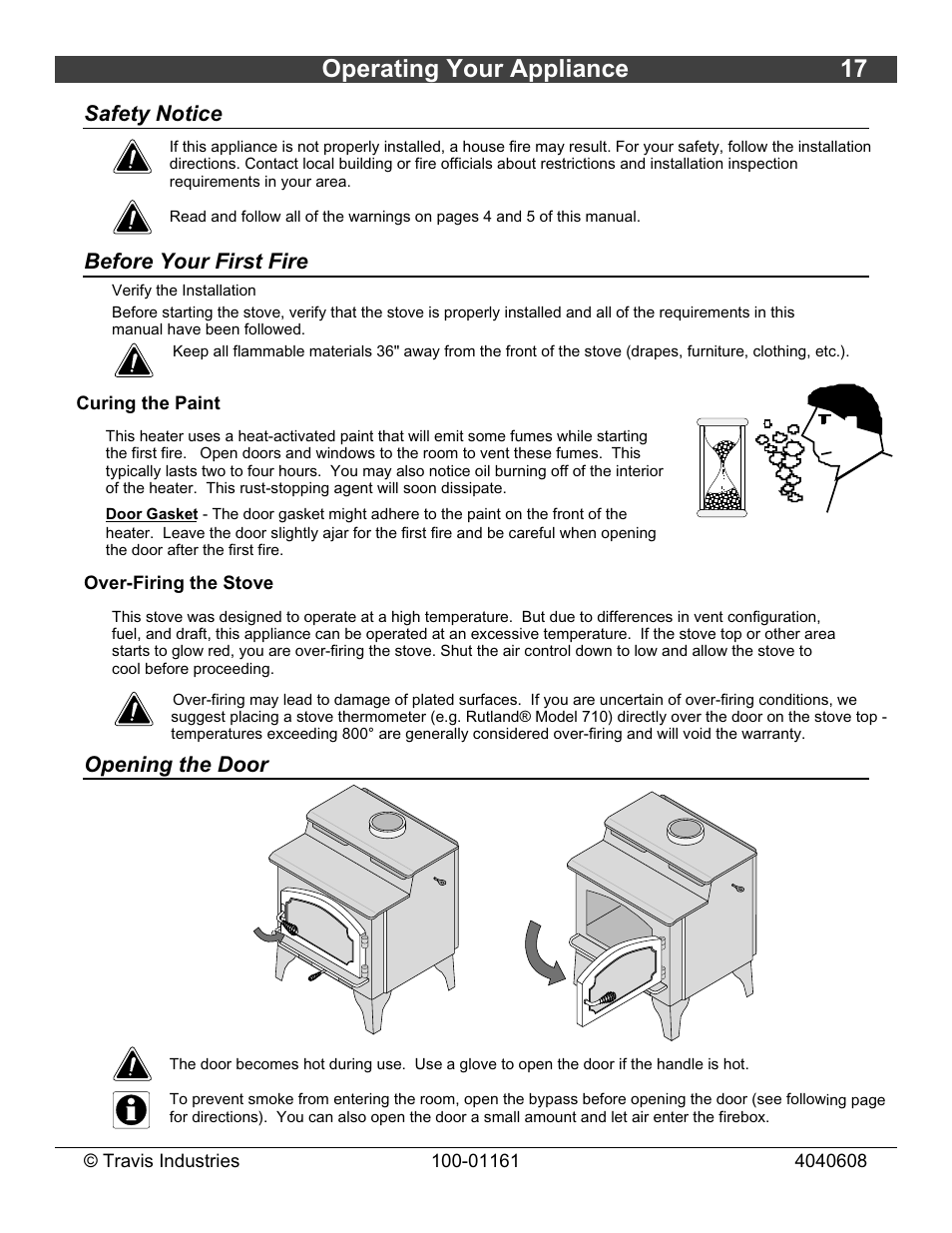 Operating your appliance 17, Safety notice, Before your first fire | Opening the door | Lopi Endeavor User Manual | Page 17 / 38