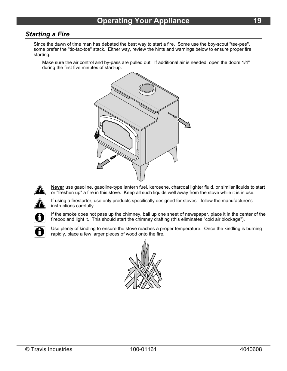 Operating your appliance 19, Starting a fire | Lopi Endeavor User Manual | Page 19 / 38