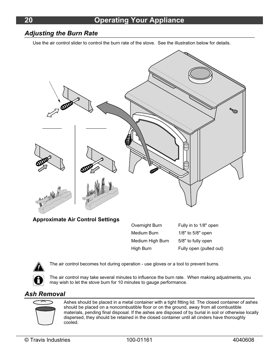 20 operating your appliance, Adjusting the burn rate, Ash removal | Lopi Endeavor User Manual | Page 20 / 38
