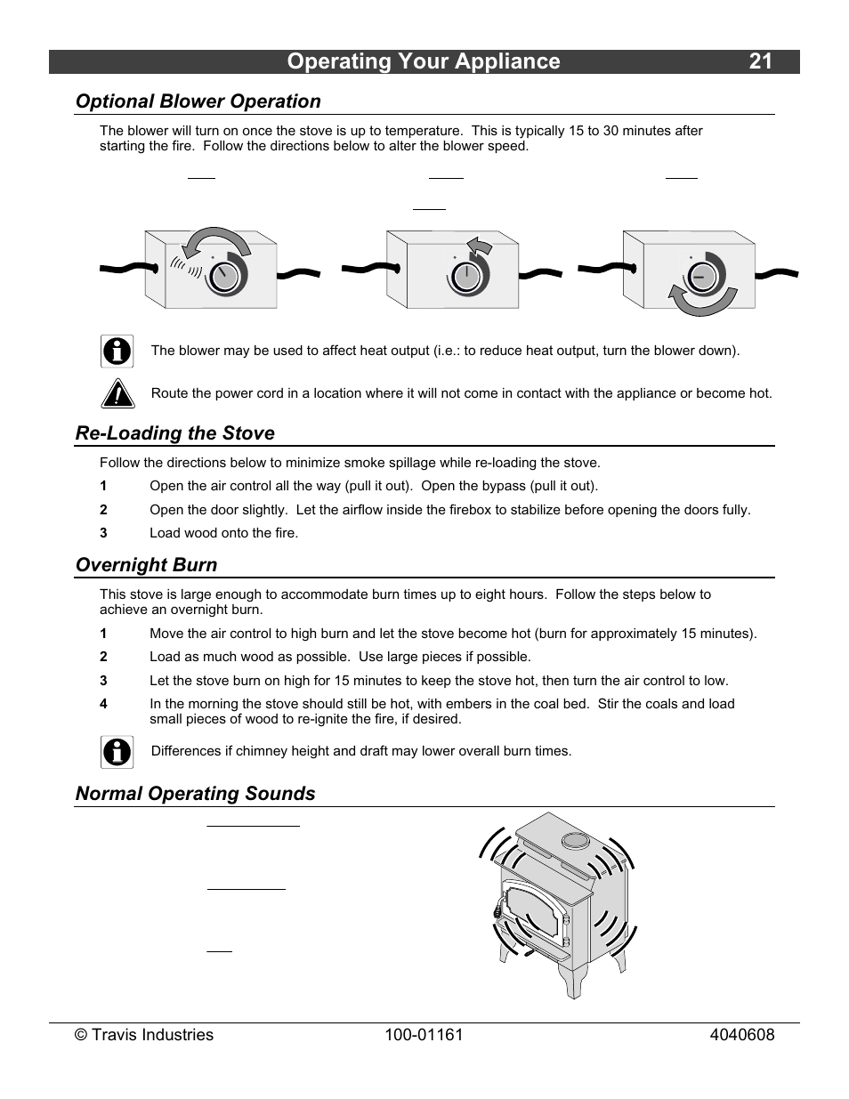 Operating your appliance 21, Optional blower operation, Re-loading the stove | Overnight burn, Normal operating sounds | Lopi Endeavor User Manual | Page 21 / 38