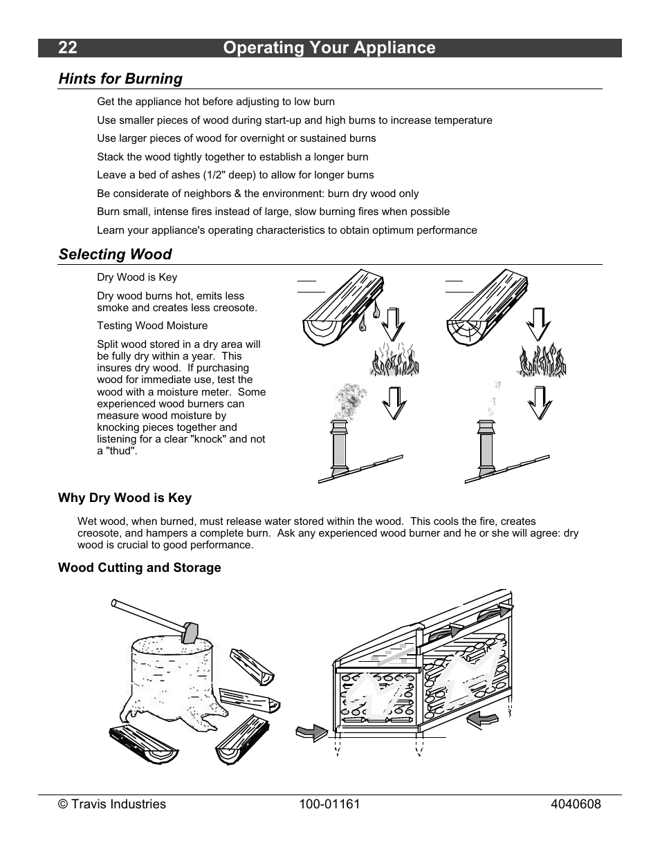 22 operating your appliance, Hints for burning, Selecting wood | Lopi Endeavor User Manual | Page 22 / 38