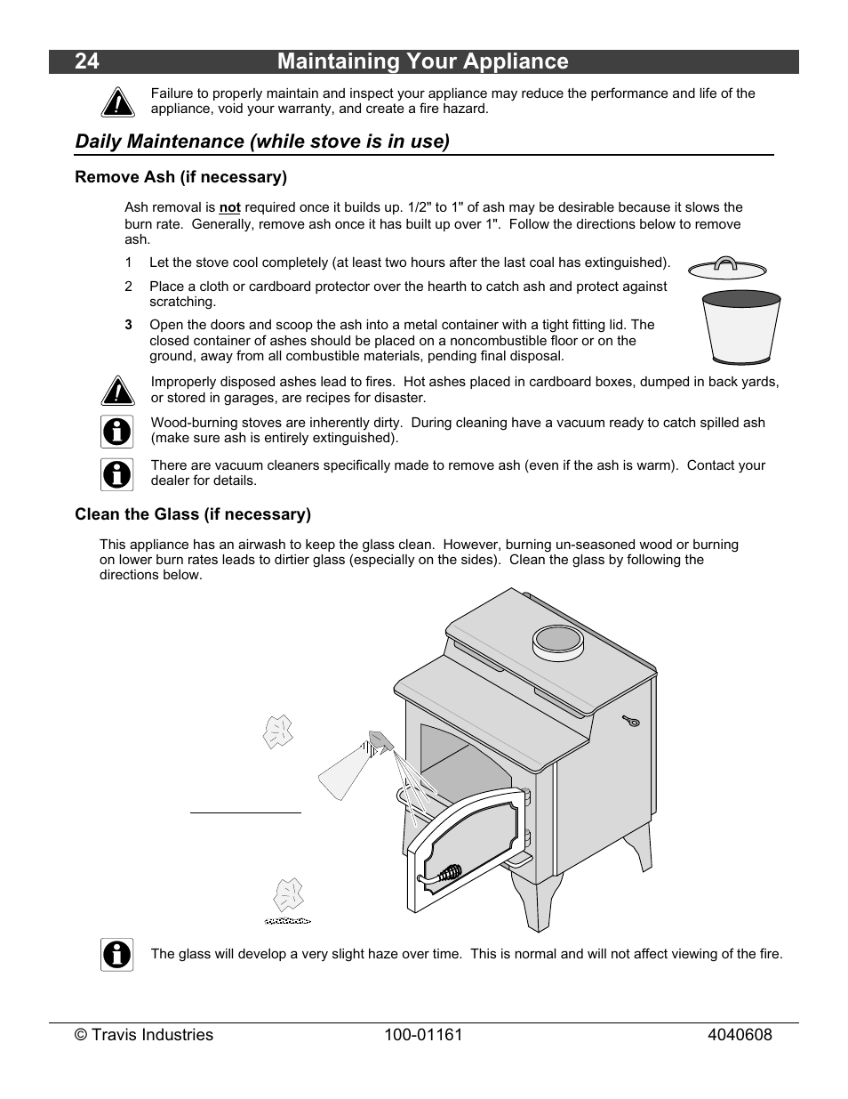 24 maintaining your appliance, Daily maintenance (while stove is in use) | Lopi Endeavor User Manual | Page 24 / 38