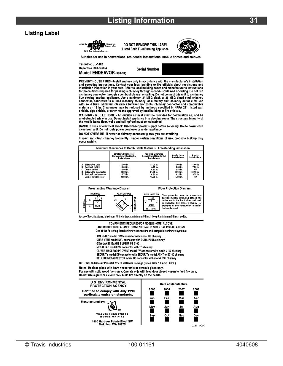 Listing information 31 | Lopi Endeavor User Manual | Page 31 / 38