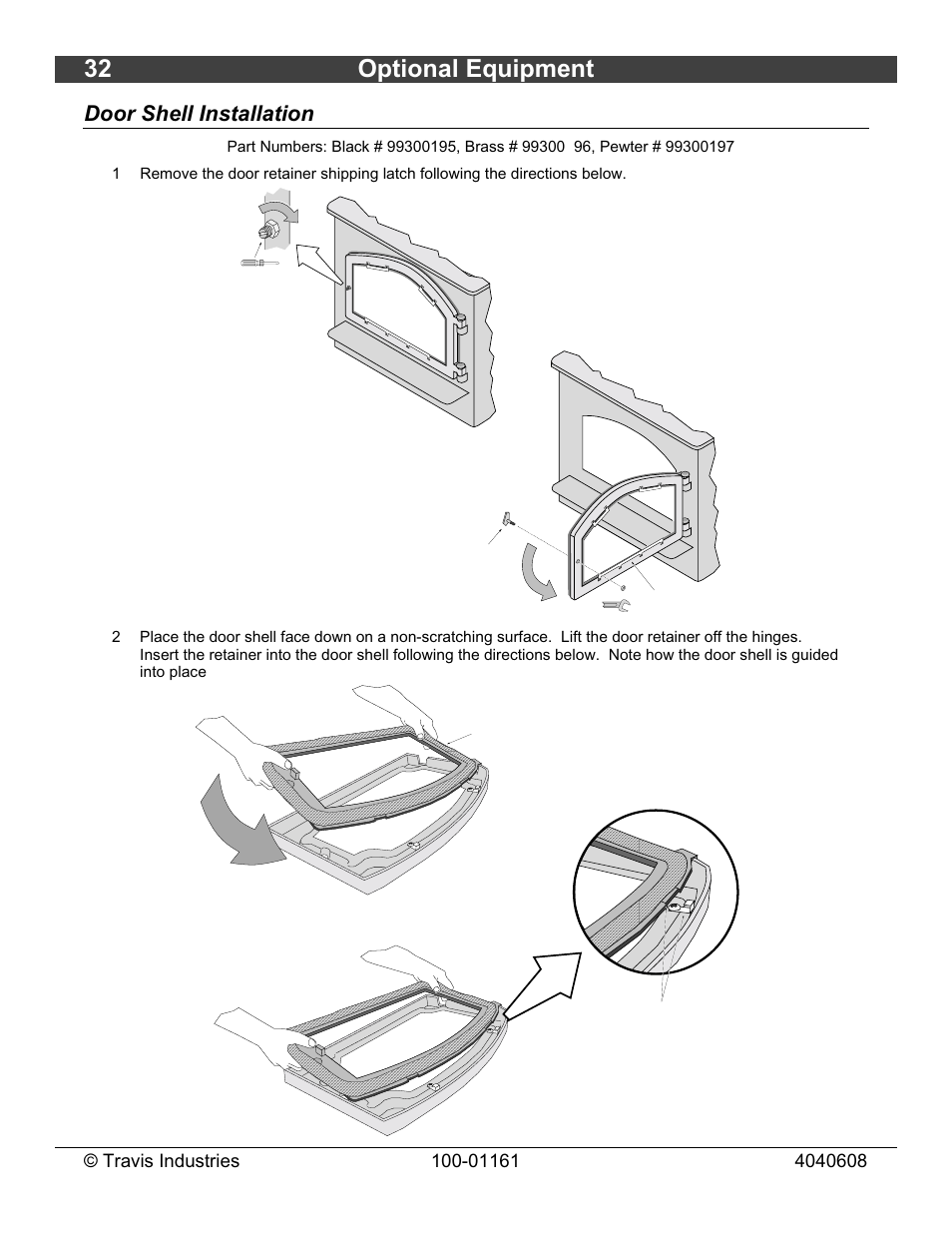 32 optional equipment, Door shell installation | Lopi Endeavor User Manual | Page 32 / 38