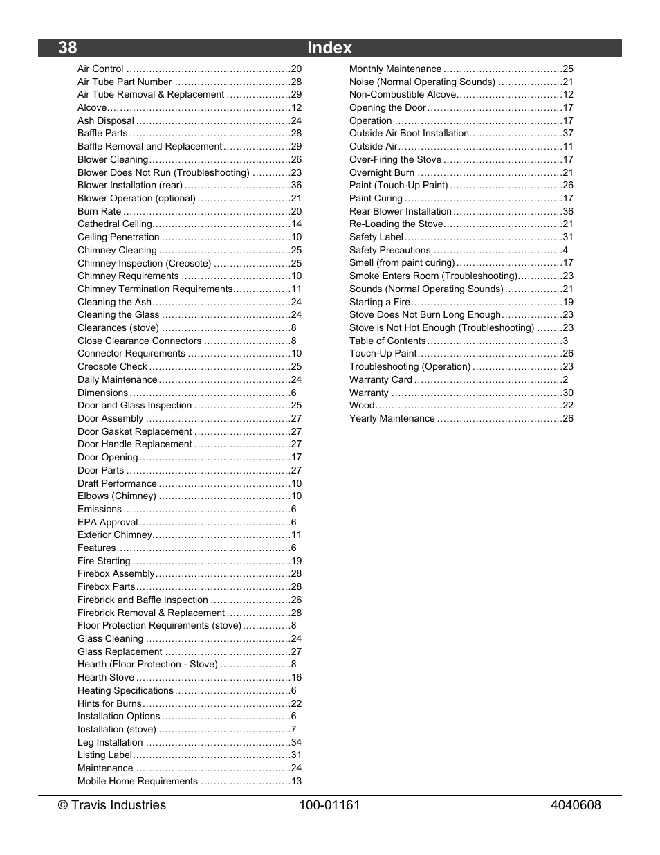 38 index | Lopi Endeavor User Manual | Page 38 / 38