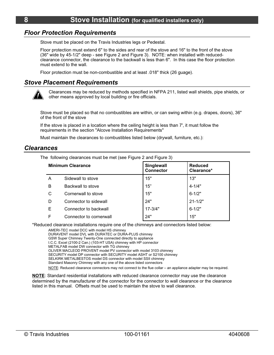 8stove installation, Floor protection requirements, Stove placement requirements | Clearances | Lopi Endeavor User Manual | Page 8 / 38