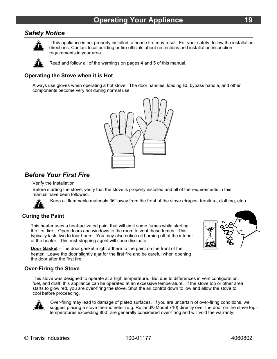 Operating your appliance 19, Safety notice, Before your first fire | Lopi Stove User Manual | Page 19 / 40