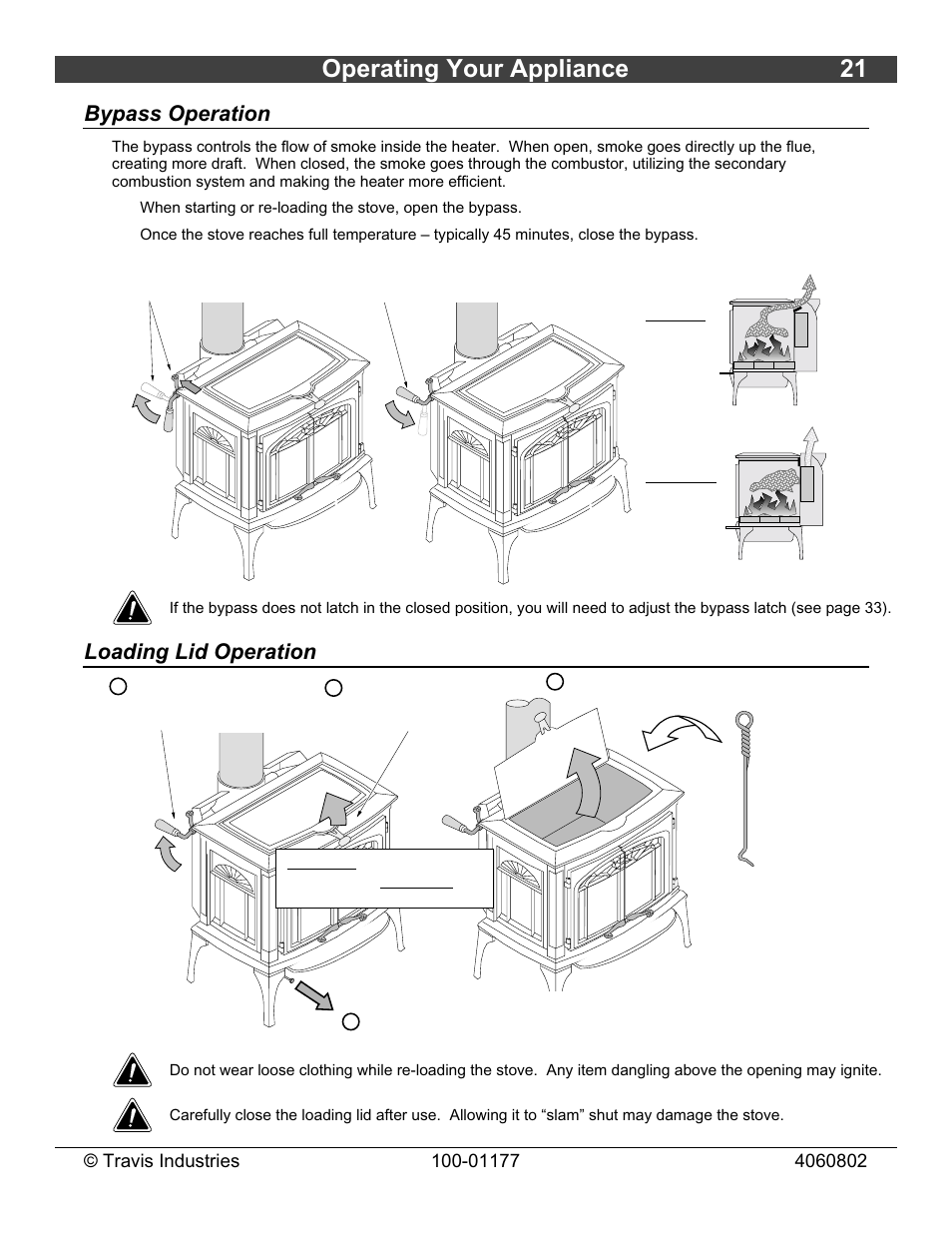 Operating your appliance 21, Bypass operation, Loading lid operation | Lopi Stove User Manual | Page 21 / 40