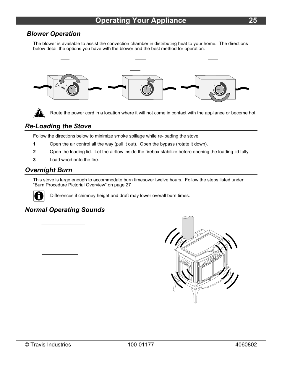 Operating your appliance 25, Blower operation, Re-loading the stove | Overnight burn, Normal operating sounds | Lopi Stove User Manual | Page 25 / 40