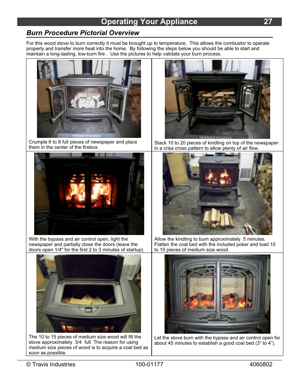 Operating your appliance 27, Burn procedure pictorial overview | Lopi Stove User Manual | Page 27 / 40