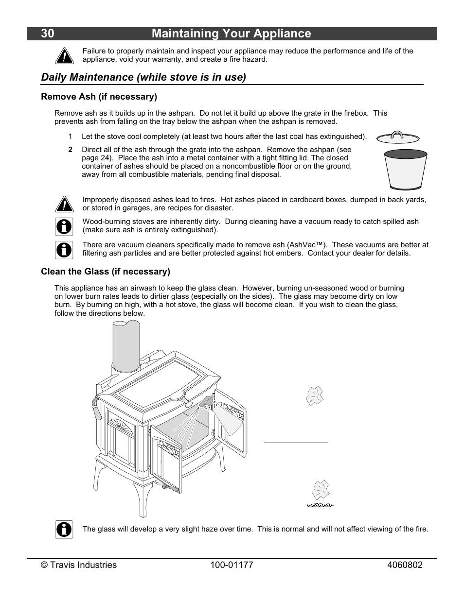 30 maintaining your appliance, Daily maintenance (while stove is in use) | Lopi Stove User Manual | Page 30 / 40