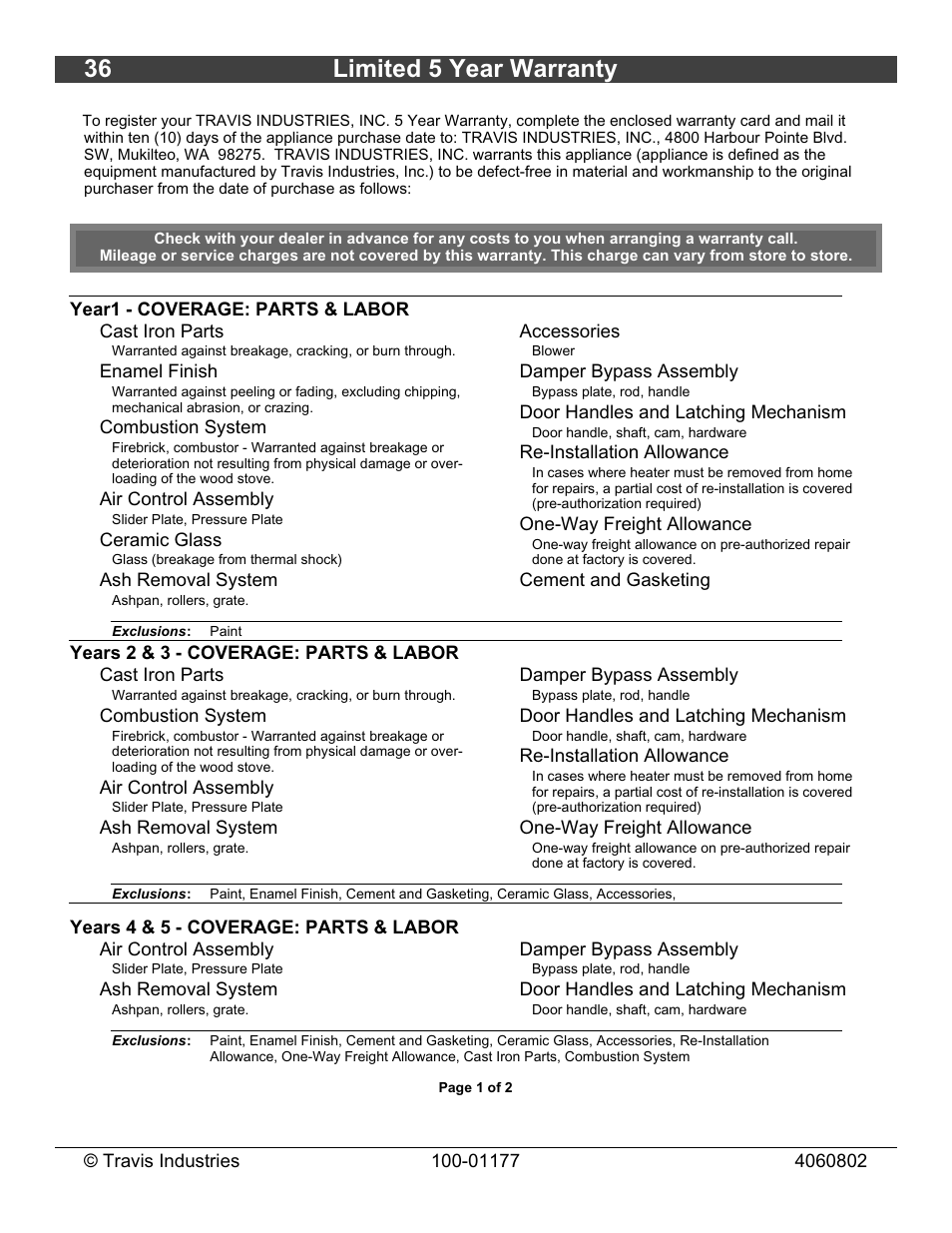 36 limited 5 year warranty | Lopi Stove User Manual | Page 36 / 40
