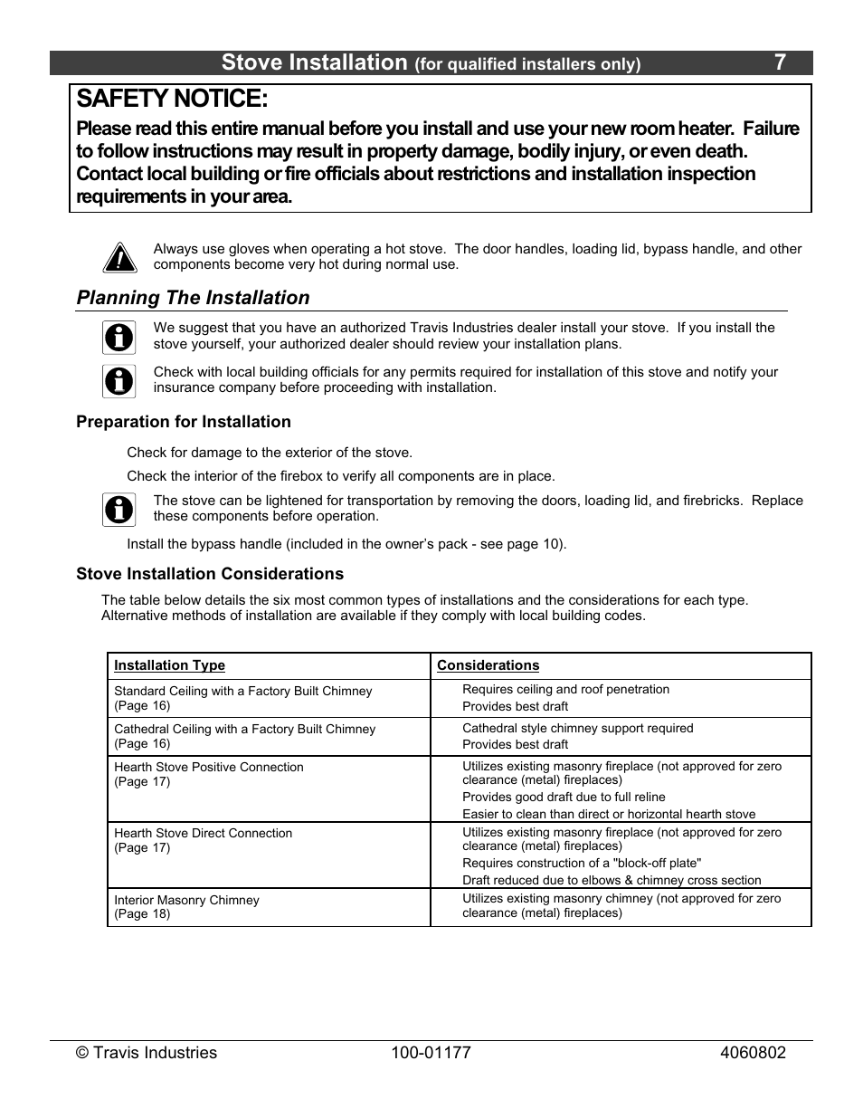 Safety notice, Stove installation, Planning the installation | Lopi Stove User Manual | Page 7 / 40