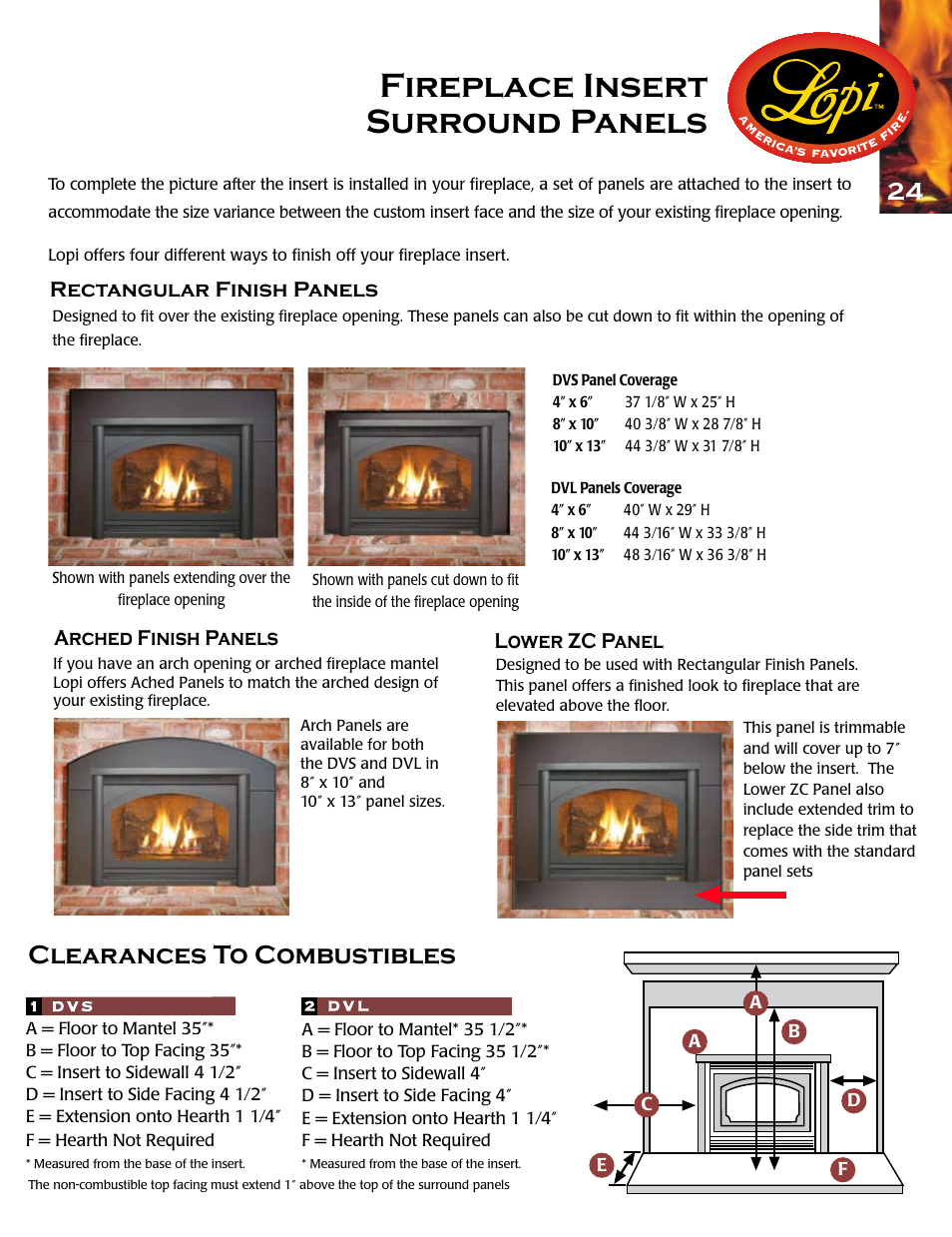 Fireplace insert surround panels, Clearances to combustibles | Lopi Gas Stove And Fireplace User Manual | Page 25 / 28