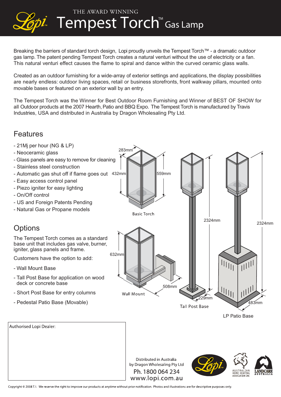 Tempestflyer p2.pdf, Tempest torch, Gas lamp | Features, Options | Lopi Tempest Torch Gas Lamp User Manual | Page 2 / 2