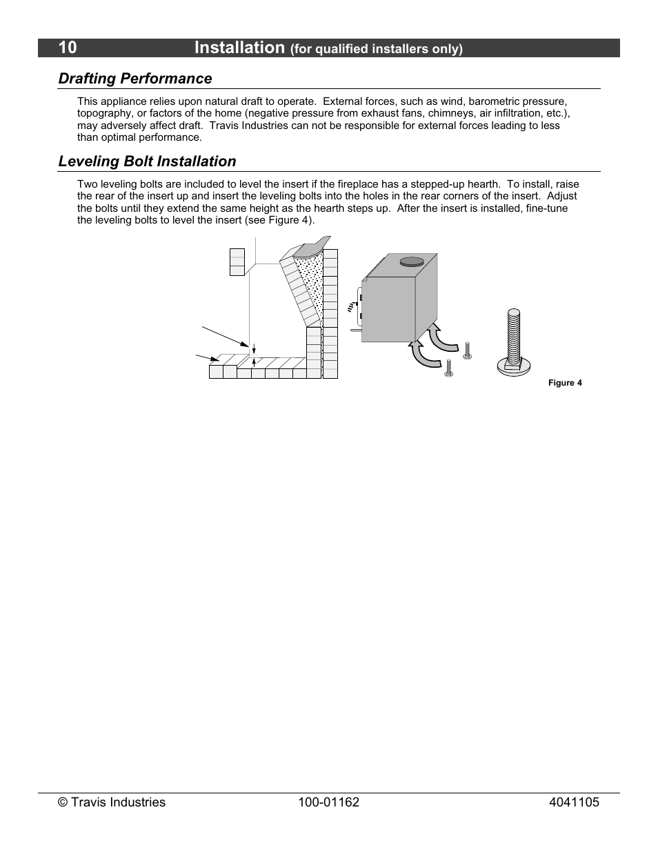 10 installation, Drafting performance, Leveling bolt installation | Lopi Freedom Fireplace Insert User Manual | Page 10 / 34